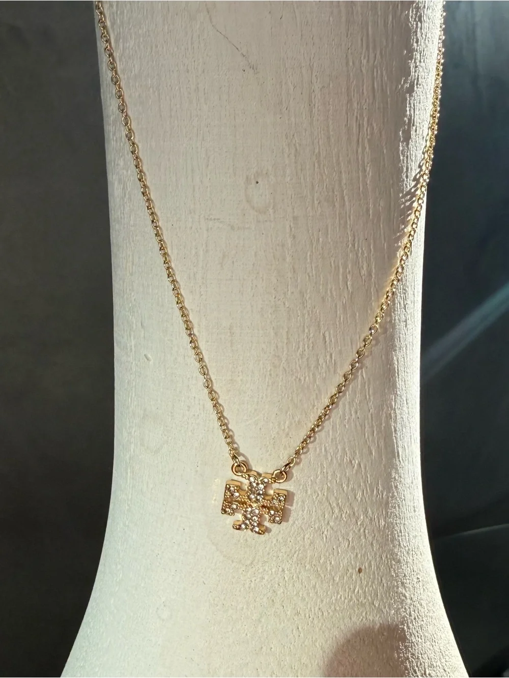 Tory Burch Gold Tone Crystal Logo Pendant Necklace